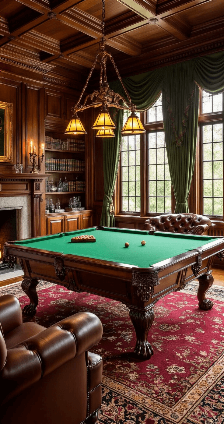 A grand traditional den featuring a Victorian pool table with claw feet, coffered oak ceilings, mahogany paneling, and warm golden hour light streaming through tall windows, complemented by tufted leather chairs, Persian rugs, and a stone fireplace.