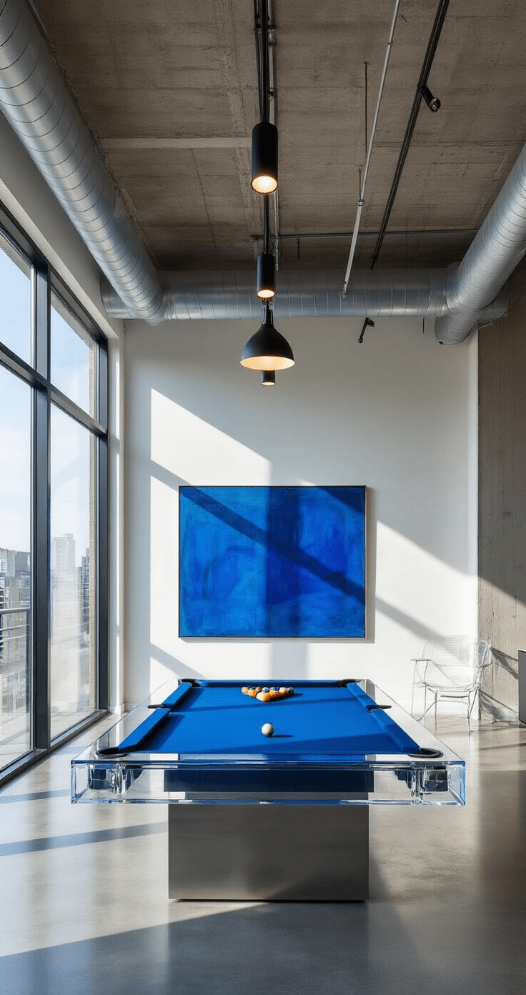 A contemporary loft space featuring a floating acrylic pool table under dramatic track lighting, with polished concrete floors and floor-to-ceiling windows. Late afternoon light creates geometric shadows on the midnight blue felt. Minimalist steel and glass furniture and an oversized abstract painting in electric blue provide accents against the industrial backdrop.