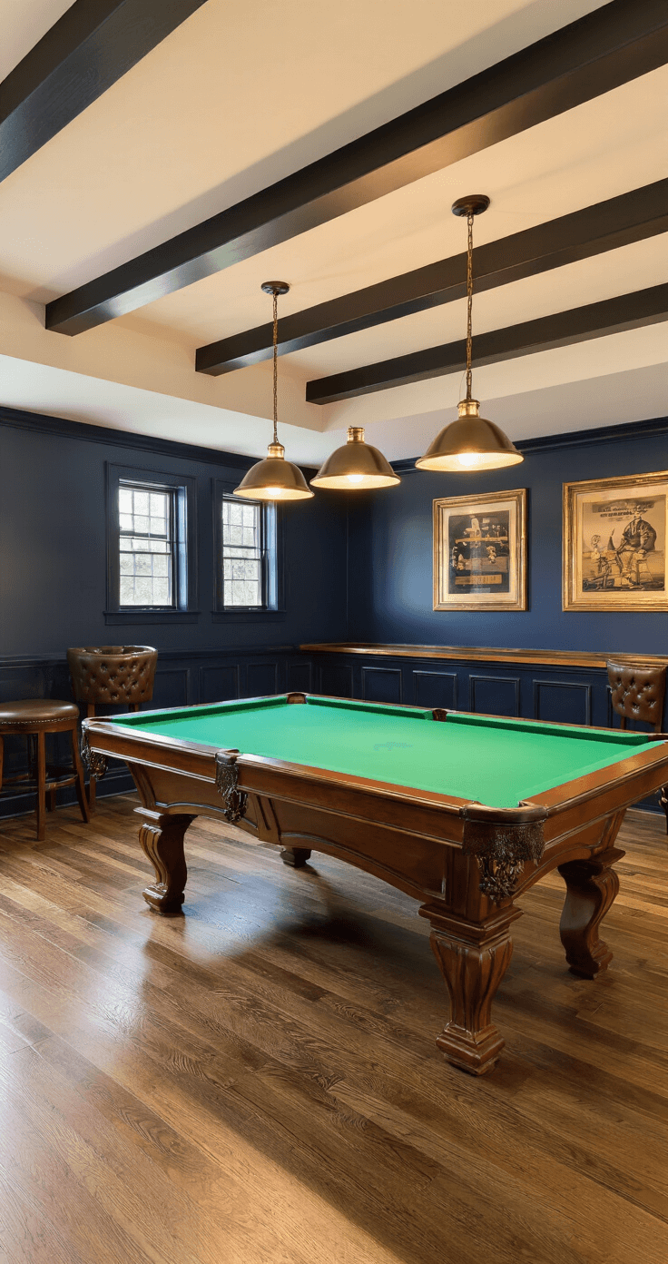 Photorealistic interior of a spacious basement pool room featuring a 9-foot tournament pool table with emerald green felt, illuminated by warm pendant lights, set against deep navy blue walls adorned with vintage billiards artwork, and furnished with cognac brown leather bar stools and a mini-fridge.