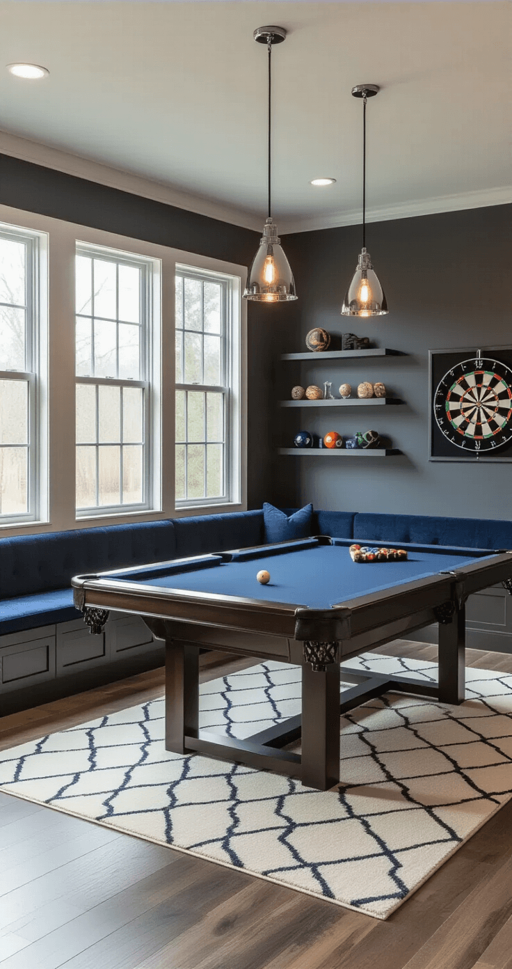 Contemporary pool room featuring a slate table with midnight blue felt, illuminated by chrome pendant lights, with luxury vinyl flooring, geometric area rug, and charcoal gray walls displaying shelves of pool collectibles.