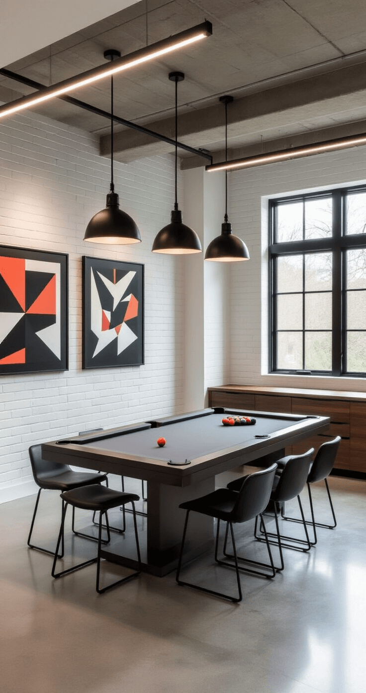 Modern basement pool room with industrial chic design, featuring polished concrete floors, white brick walls, LED lighting, matte black fixtures, an 8-foot pool table, floor-to-ceiling windows, minimalist shelves, contemporary bar stools, and abstract geometric artwork, all within a bright and airy 14' × 17' space.