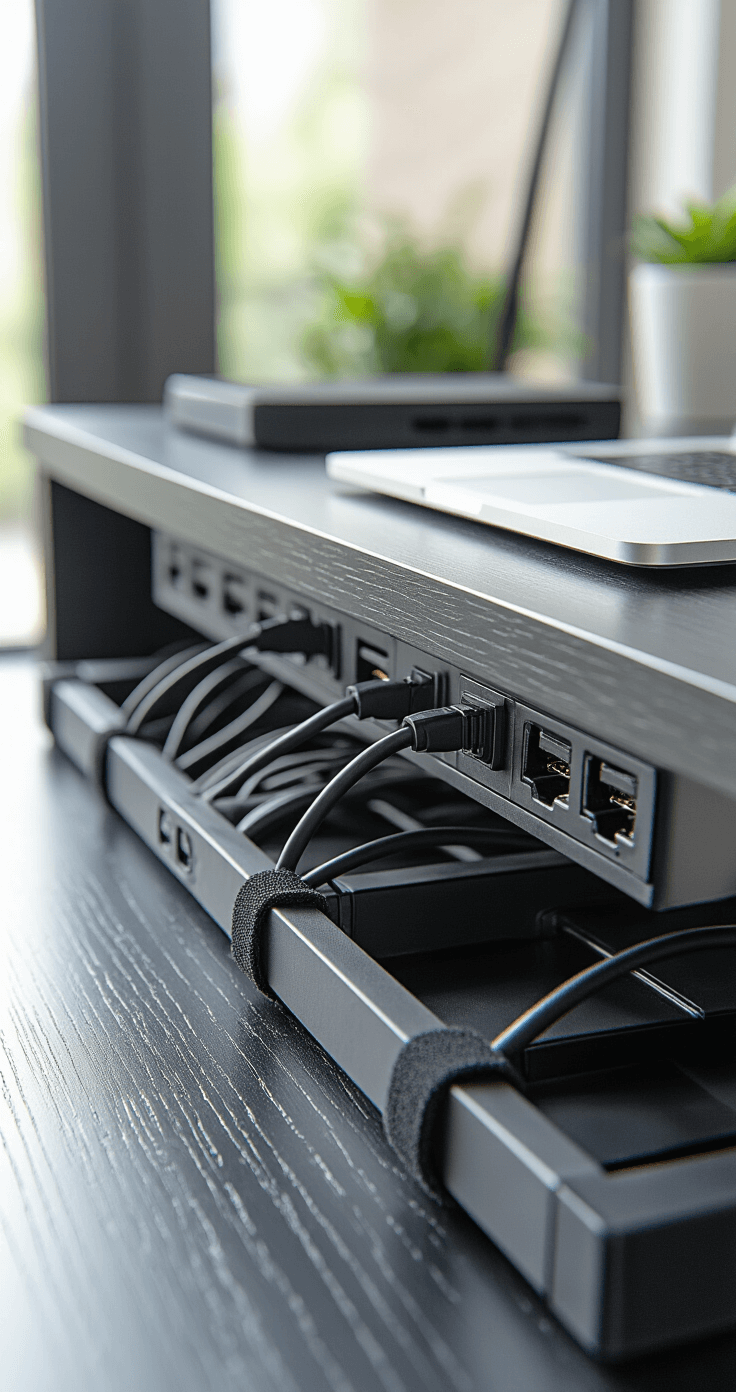 Close-up of a sleek cable management system featuring adhesive clips, an under-desk tray, and Velcro ties, on a modern black desk with subtle task lighting, emphasizing organization and a tech-savvy workspace.