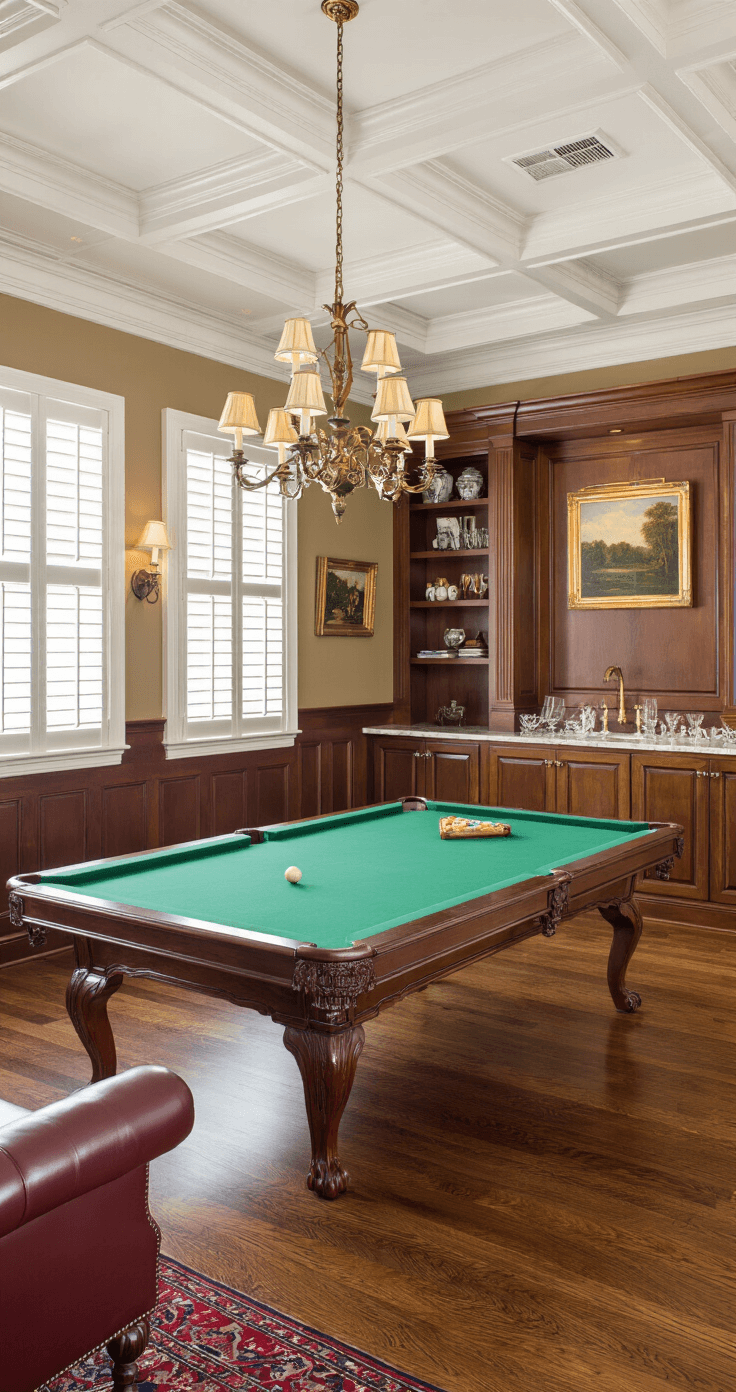 Elegant traditional pool room featuring a coffered ceiling, rich hardwood floors, brass chandeliers, an 8-foot table with green felt, and intimate conversation areas with leather club chairs, complemented by wainscoting and oil paintings, all bathed in soft morning light.