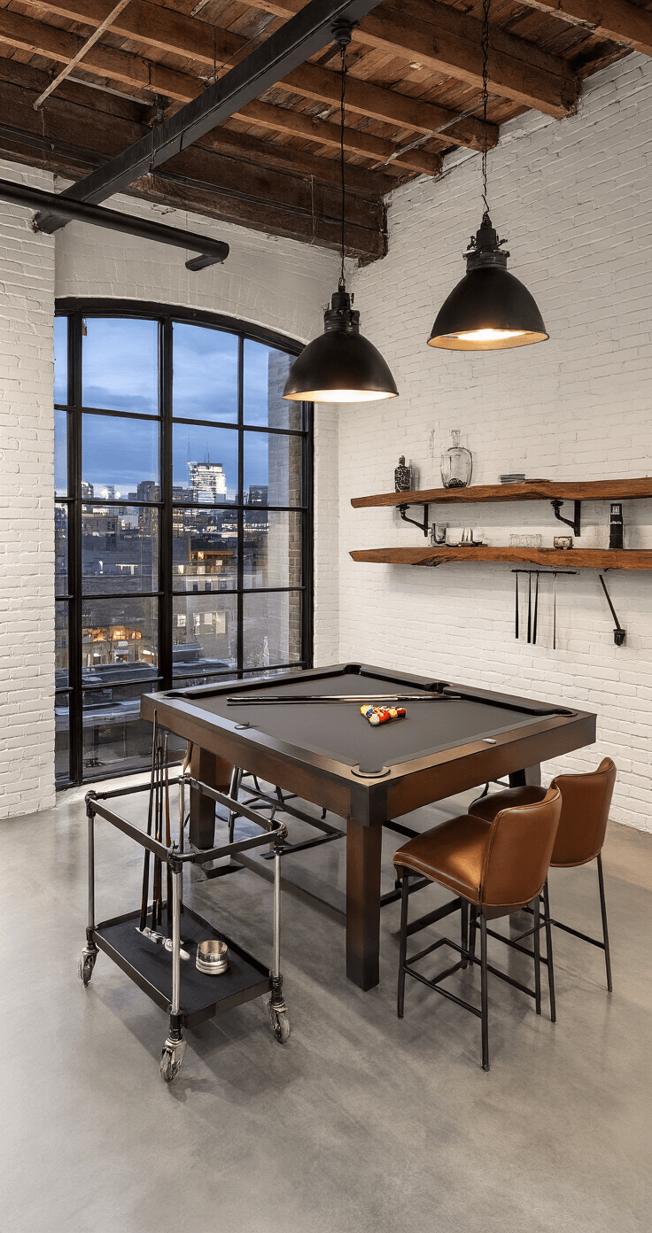 A contemporary loft-style pool room featuring white exposed brick walls, industrial steel beams, and dramatic evening lighting from oversized black metal pendant lights, showcasing a modern 9-foot charcoal felt pool table, polished concrete floors, floor-to-ceiling windows with city views, and a sleek bar area with cognac leather stools.