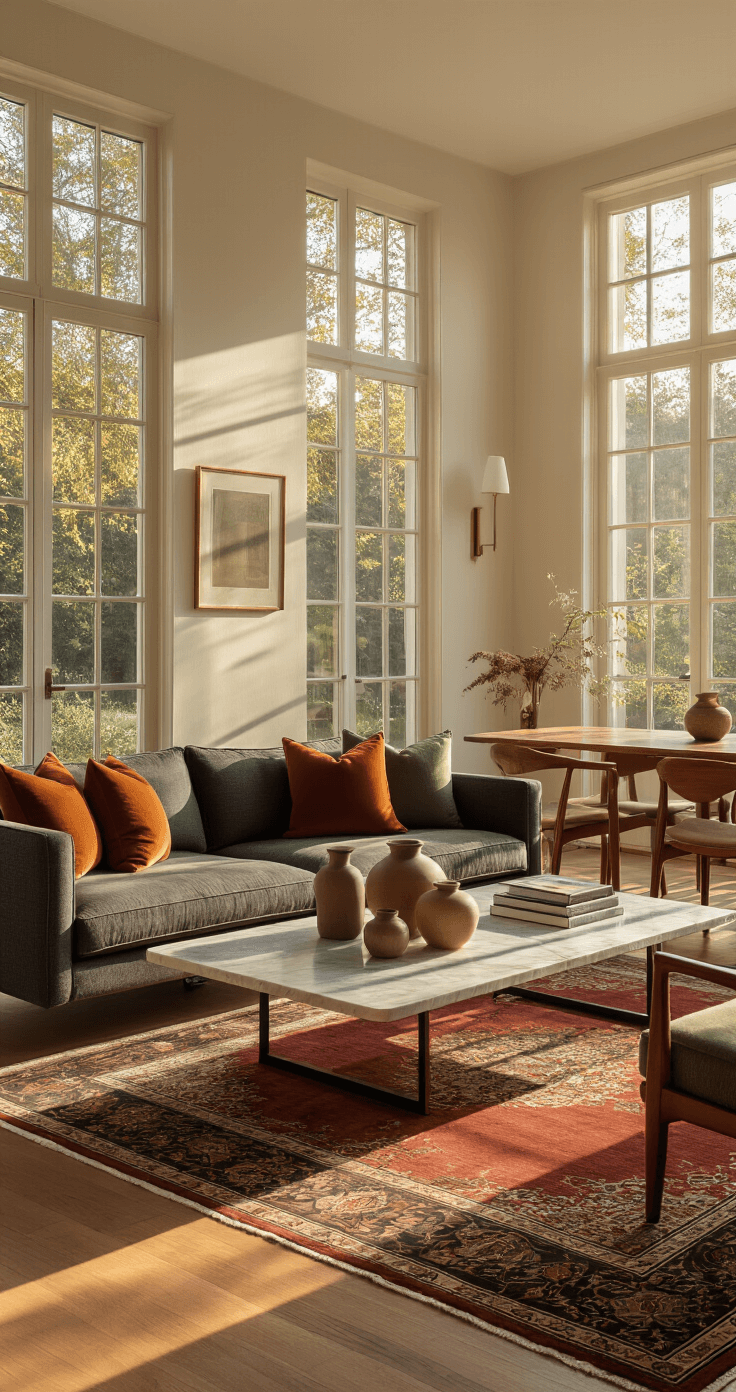 Photorealistic living room with golden hour sunlight filtering through large windows, showcasing a mid-century modern charcoal sofa, marble coffee table with decorative items, warm oak flooring, cream walls with gallery lighting, throw pillows in burnt orange and sage green, and a vintage Persian rug, all contributing to a sophisticated and elegant atmosphere.