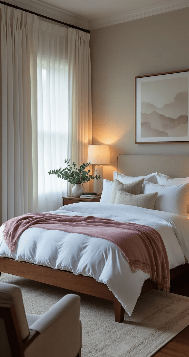 Intimate bedroom scene during blue hour showcasing a king-size walnut platform bed with white Egyptian cotton bedding and dusty rose cashmere throws, illuminated by warm bedside lamps. Sheer ivory curtains filter moonlight, highlighting hardwood floors, while abstract artwork hangs above the upholstered headboard. A ceramic pitcher with fresh eucalyptus and leather-bound books rest on the nightstand, captured from a slightly elevated corner chair position.