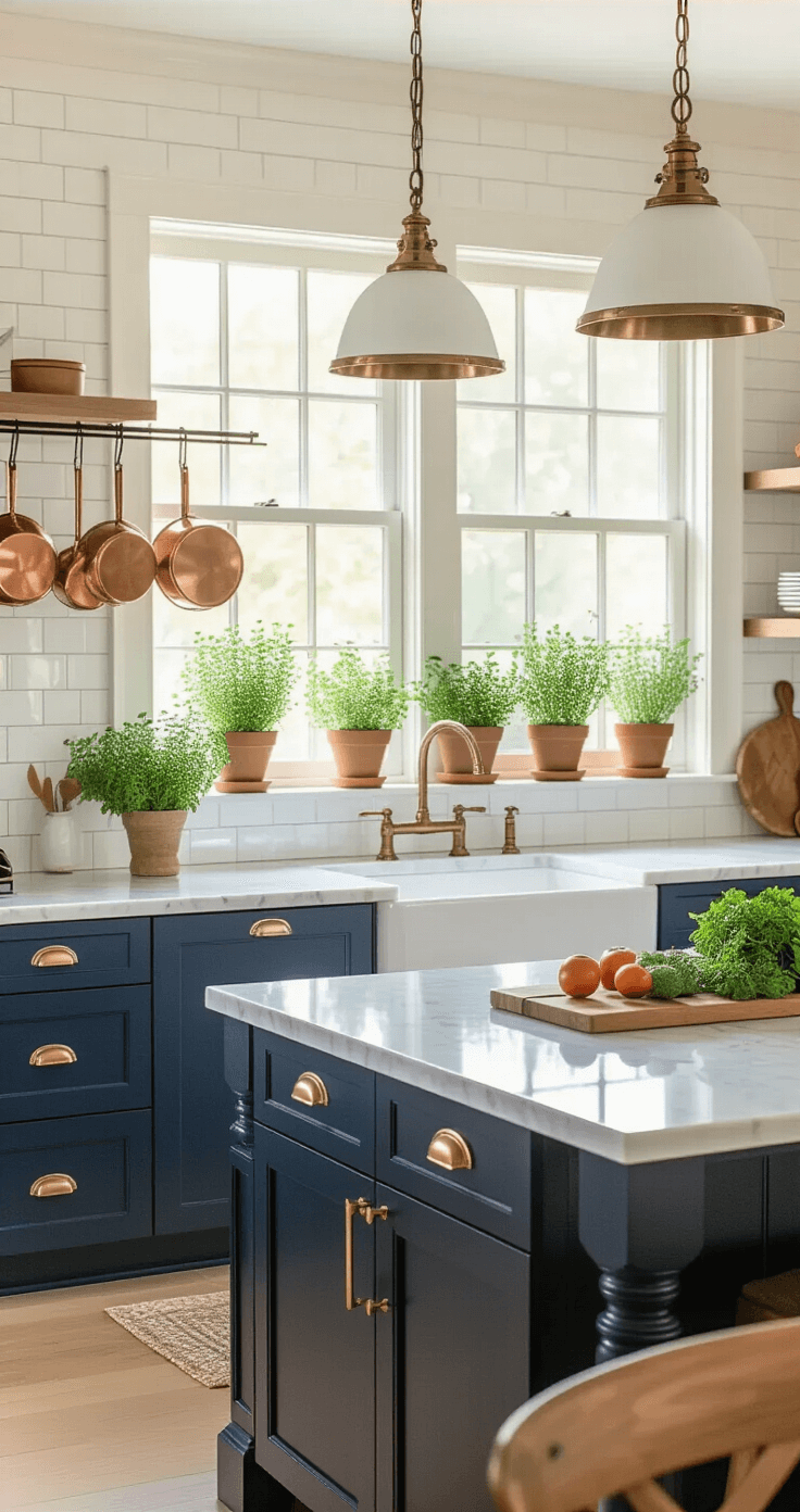 A spacious kitchen island bathed in morning light, featuring Carrara marble countertops, navy blue cabinets with brass hardware, and pendant lights. Fresh herbs in terracotta pots adorn the windowsill above a farmhouse sink, with copper cookware hanging above and seasonal produce displayed on wooden cutting boards. Glossy white subway tiles extend to a coffered ceiling in soft cream, capturing a bright, airy atmosphere.
