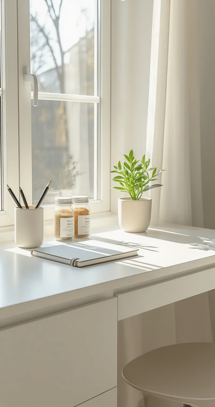A bright minimalist desk setup features a clean white surface with a small plant, a quality pen holder, and a single notebook, all arranged with intention. A vertical file sorter stands neatly while magnetic spice containers store tiny supplies efficiently on the cabinet side. The scene is illuminated by natural morning light, creating a serene and mindful atmosphere.