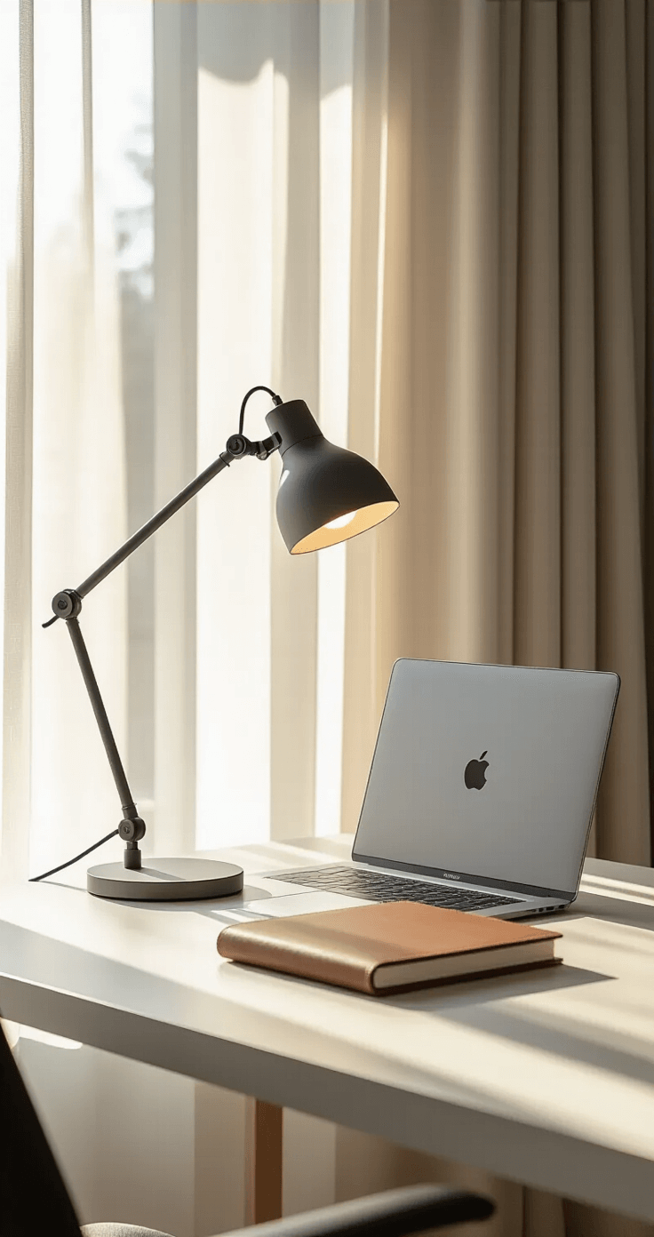 A modern minimalist home office featuring a matte graphite LED desk lamp, sleek white oak desk, MacBook Pro, and leather-bound notebook, with morning sunlight filtering through sheer linen curtains and casting soft shadows.