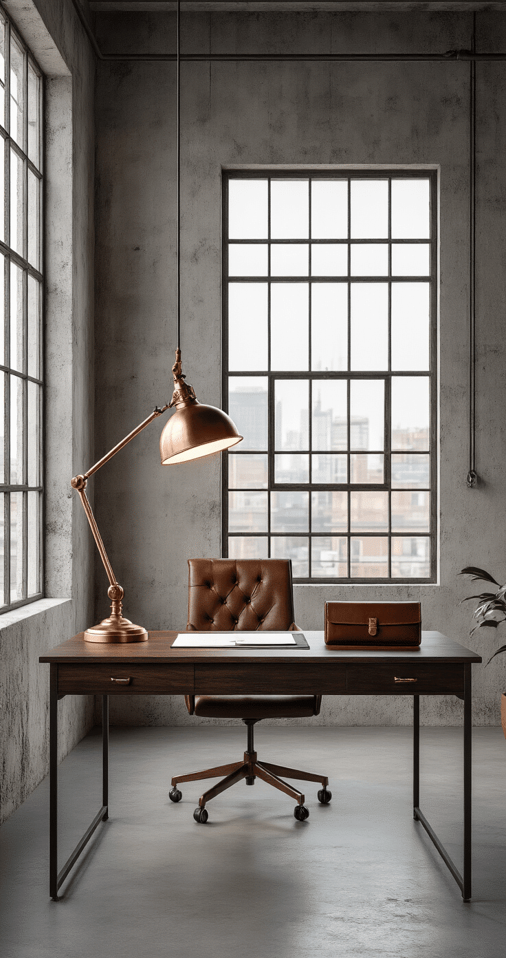Luxurious industrial home workspace with a dark walnut desk, vintage leather portfolio, and contemporary drafting pad, illuminated by a brushed copper LED lamp against a concrete accent wall and large factory-style windows, showcasing a professional yet inviting atmosphere.