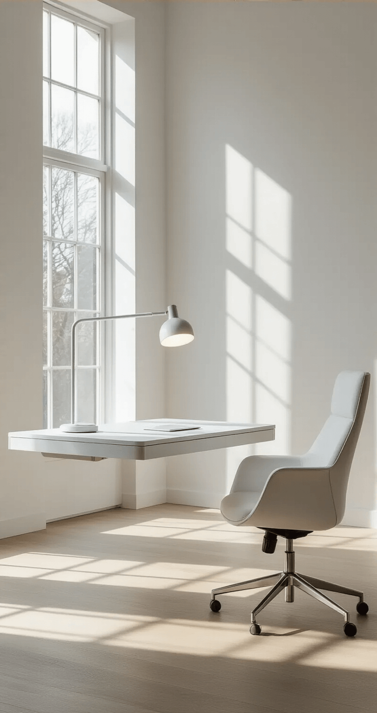 Minimalist Scandinavian home office with a floating white desk, sleek matte white LED desk lamp, and large floor-to-ceiling windows casting geometric shadows, featuring an ergonomic white office chair and a focus on functional design.