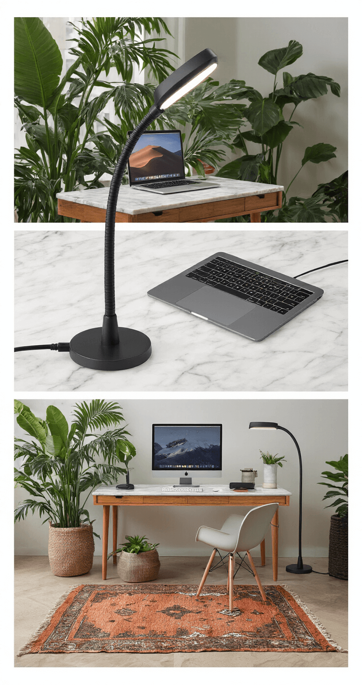 A stylish digital nomad workspace featuring a marble-topped desk with a USB-rechargeable LED desk lamp, surrounded by tropical plants and a Moroccan-inspired rug, showcasing a MacBook Pro and external monitor.