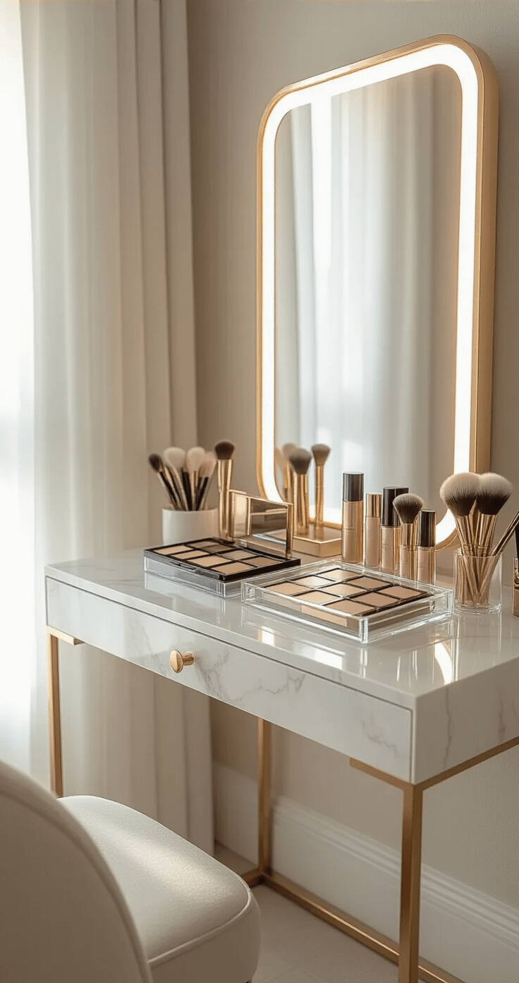 A luxurious contemporary home vanity scene featuring a white marble desk with brass accents, neatly arranged Charlotte Tilbury and Chanel makeup products, acrylic brush organizers, and a tri-fold mirror with LED lighting, all illuminated by soft morning light through sheer curtains, captured in a low angle shot emphasizing clean lines and textures.