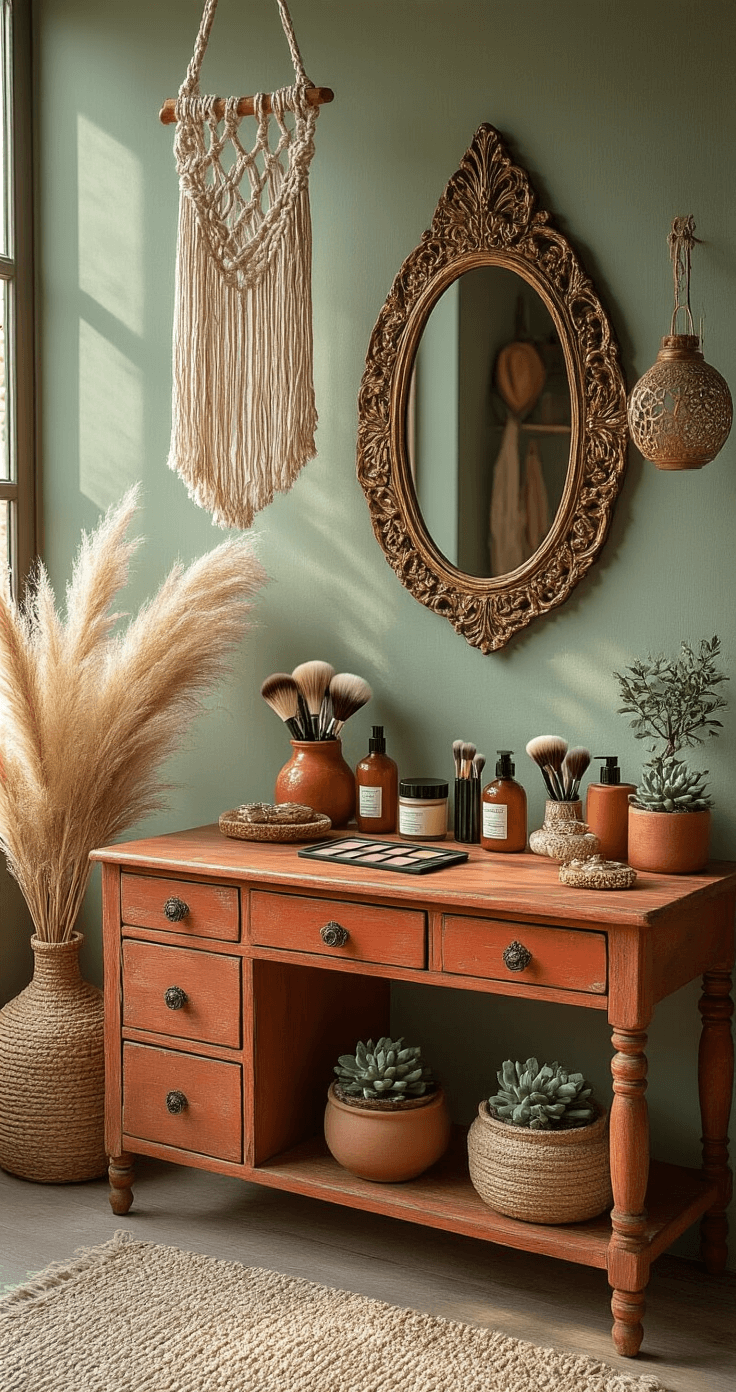 Bohemian-inspired vanity with terracotta and sage green hues, featuring a vintage wooden desk, ornate brass mirror, ceramic brush holders, dried pampas grass, and succulents, all beautifully arranged under warm golden hour lighting.