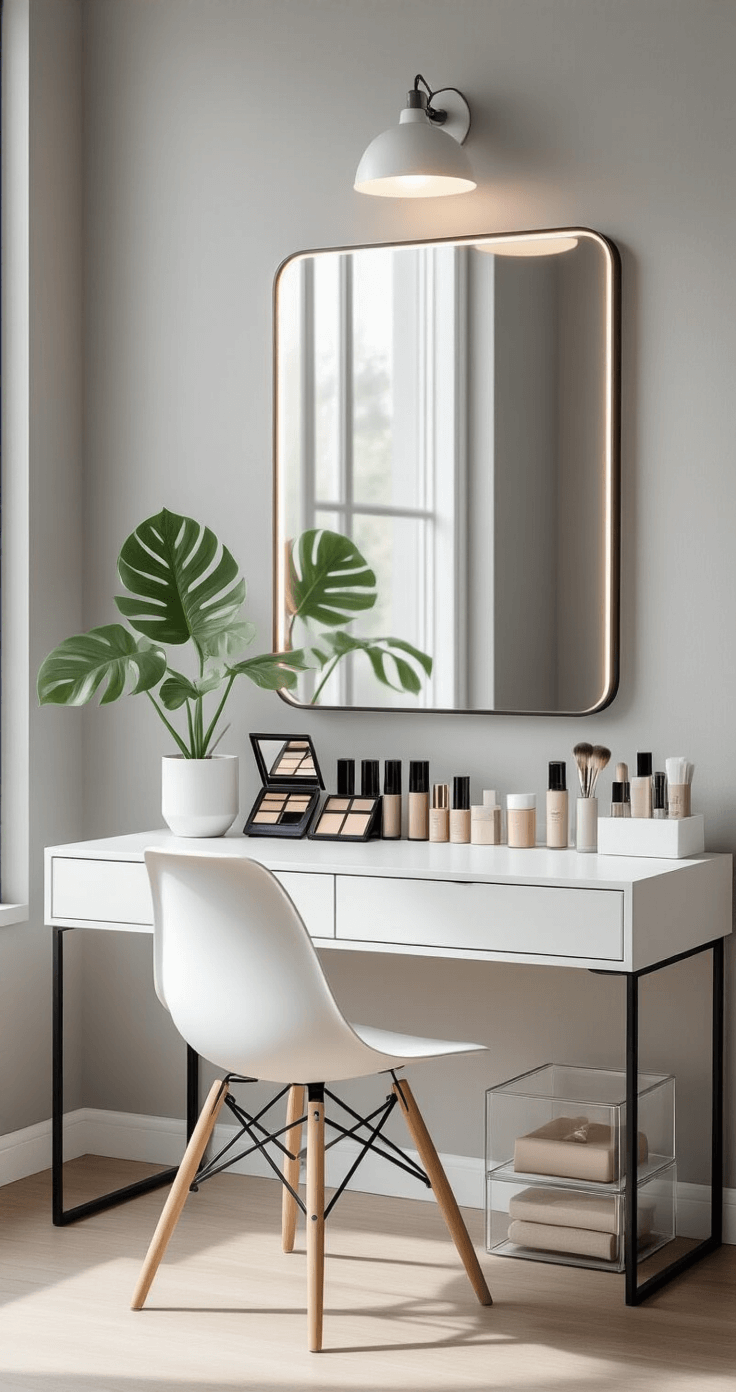Modern minimalist Scandinavian vanity workspace featuring a pure white desk with integrated storage, a blonde wood chair, a large rectangular mirror with a thin black metal frame, and a carefully curated makeup collection in muted neutral tones, set against soft gray walls and illuminated by diffused natural light from a large window.