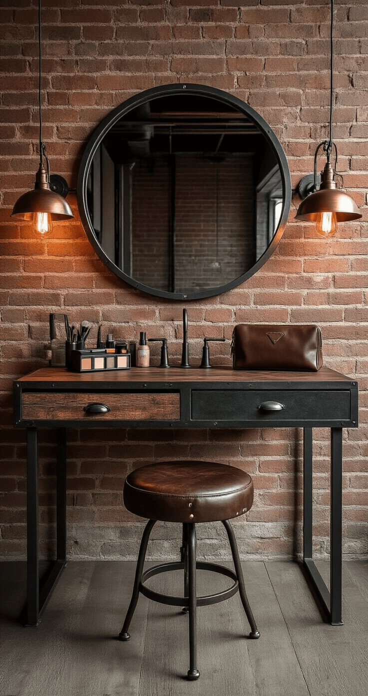 Industrial-chic vanity setup in a converted loft with a dark metal and reclaimed wood desk, oversized round mirror with raw metal frame, vintage task lighting, and leather accessories against an exposed brick wall, illuminated by low side lighting for dramatic shadows.
