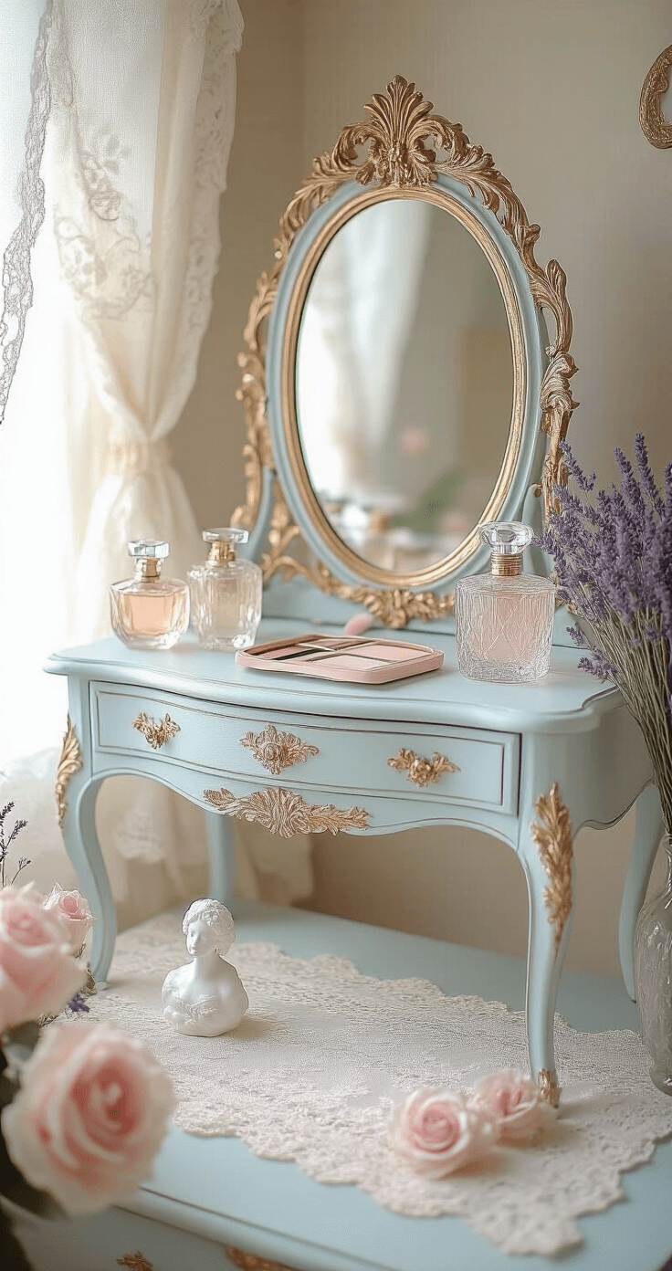 A romantic French provincial vanity setup featuring a distressed pale blue desk adorned with ornate gold leaf details, an antique gilded mirror, vintage crystal perfume bottles, and soft blush pink makeup tools. The scene is enhanced by a delicate lace runner, soft morning light filtering through lace curtains, a pastel color palette with subtle metallic accents, dried lavender, and porcelain rose figurines, all captured in soft focus to evoke a dreamy, nostalgic atmosphere.