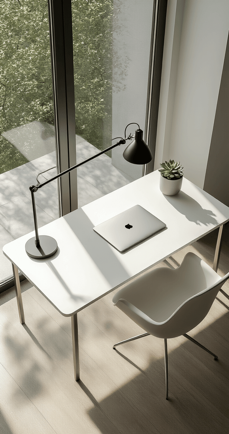A modern minimalist writing desk with a sleek white surface and brushed aluminum legs, positioned by a large floor-to-ceiling window. A slim MacBook Pro is centered on the desk, accompanied by a matte black desk lamp and a small potted succulent. The overhead shot captures clean lines, natural light, and soft shadows, emphasizing a neutral color palette and negative space for a serene work environment.