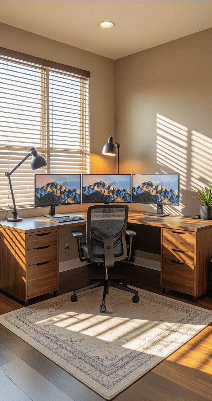 An expansive L-shaped corner desk in a home office with rich walnut finish, featuring dual 27-inch monitors on articulating arms, an ergonomic chair, hidden cable management, and soft ambient lighting, all bathed in warm golden hour light.
