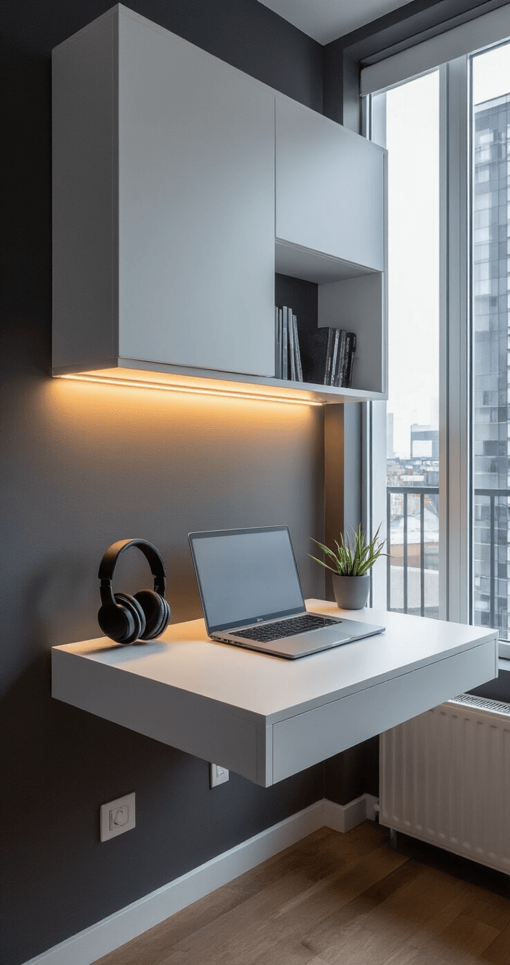 A stylish floating wall-mounted desk in a compact urban studio apartment, set at 42 inches high with integrated LED lighting, featuring a minimalist white surface, hidden compartments, a space-gray laptop, noise-cancelling headphones, and a slim bluetooth keyboard, captured in architectural photography style with a cool color palette of whites and charcoal grays, highlighted by dramatic side lighting.