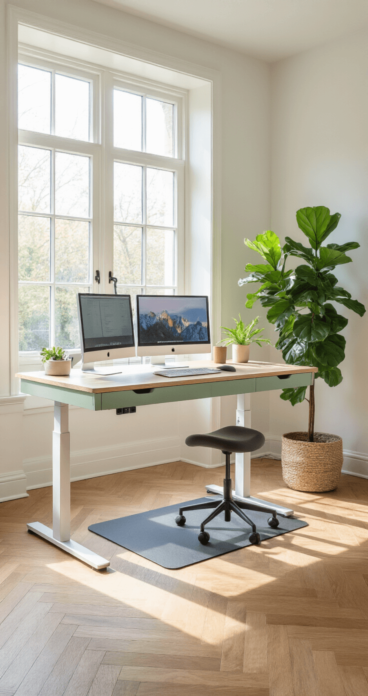 A bright home workspace featuring an adjustable sage green standing desk with white oak trim, dual monitors, an anti-fatigue mat, and an ergonomic stool, all set on wooden herringbone flooring, complemented by a large potted fiddle leaf fig in the corner, illuminated by soft natural light from large windows.