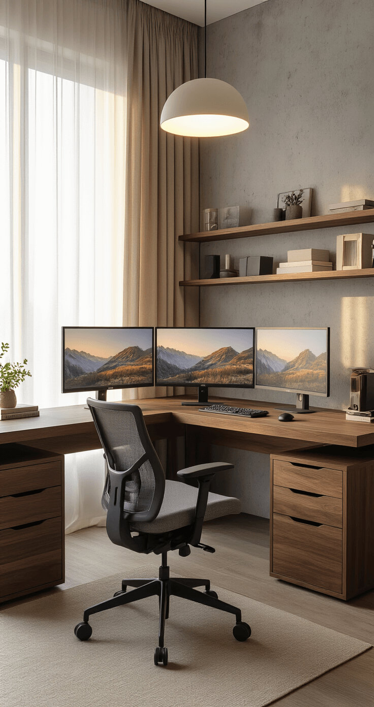 Ultra-realistic home office interior featuring a modern L-shaped walnut desk with dual monitors, ergonomic charcoal gray chair, and soft golden hour lighting filtering through linen curtains, against a concrete accent wall with minimalist shelving.