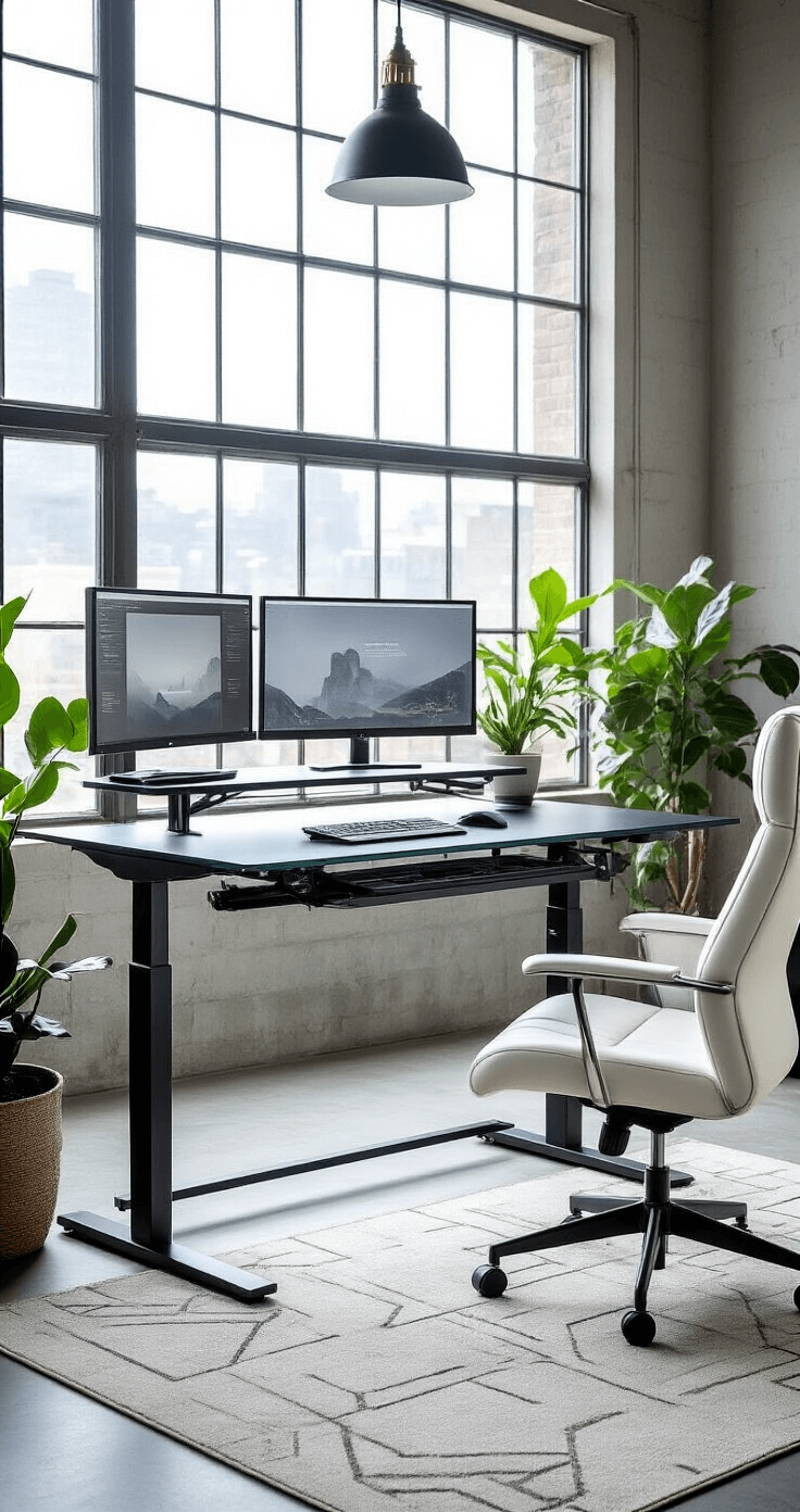 Sleek home workspace with an electric adjustable height desk in matte black, glass top, multiple monitors on floating stands, ergonomic white leather chair, potted plants, geometric rug on concrete floor, and natural light from an industrial-style window.