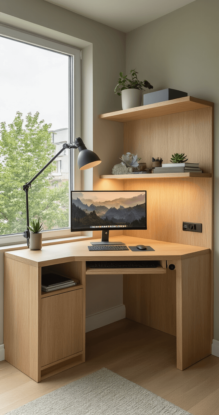 Contemporary corner workspace in a compact urban apartment featuring a custom triangular light oak desk, an ultrawide monitor, and a sleek mechanical keyboard, adorned with a small succulent and warm ambient lighting in a muted sage green color palette.