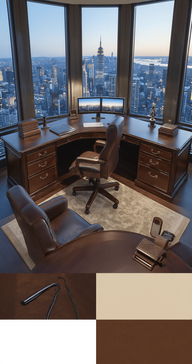 Professional home office featuring a U-shaped executive desk in rich espresso wood, leather executive chair, dual monitors with articulating arms, ambient floor lighting, and expansive city views through large windows, accented by designer accessories and sophisticated cable management.