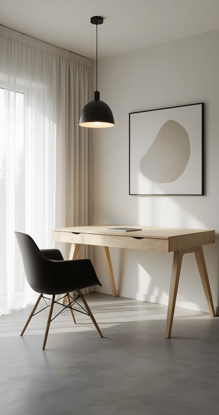 Minimalist home office featuring a custom-built plywood desk with Scandinavian-inspired angled legs, large floor-to-ceiling window with sheer white curtains, light birch wood surface, matte white walls, concrete floor, and a black ergonomic chair, illuminated by warm overhead pendant light with soft shadows.