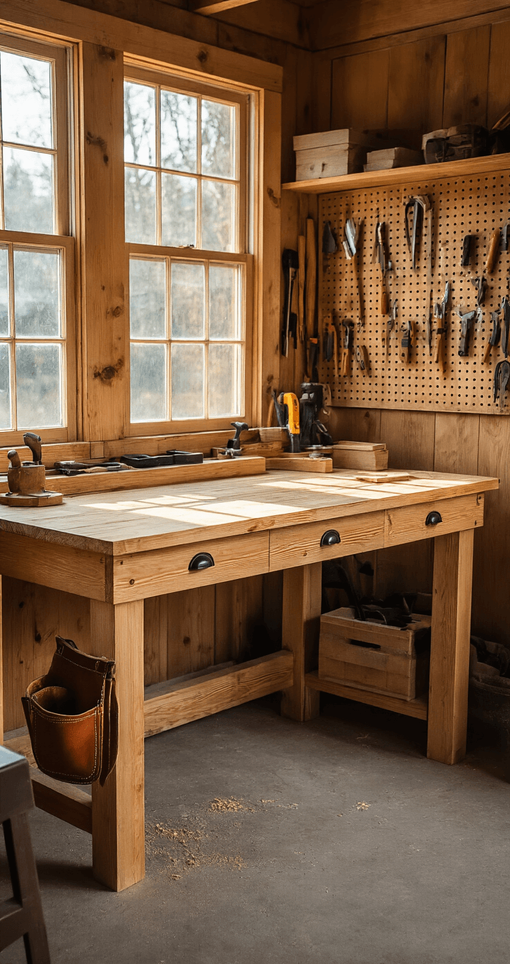 A cozy home workshop featuring a rustic DIY pine wood desk with warm honey-colored stain, surrounded by neatly arranged woodworking tools on pegboard walls, illuminated by soft afternoon sunlight that highlights the wood grain and freshly sanded surface, with clamps and sawdust adding to the creative atmosphere.