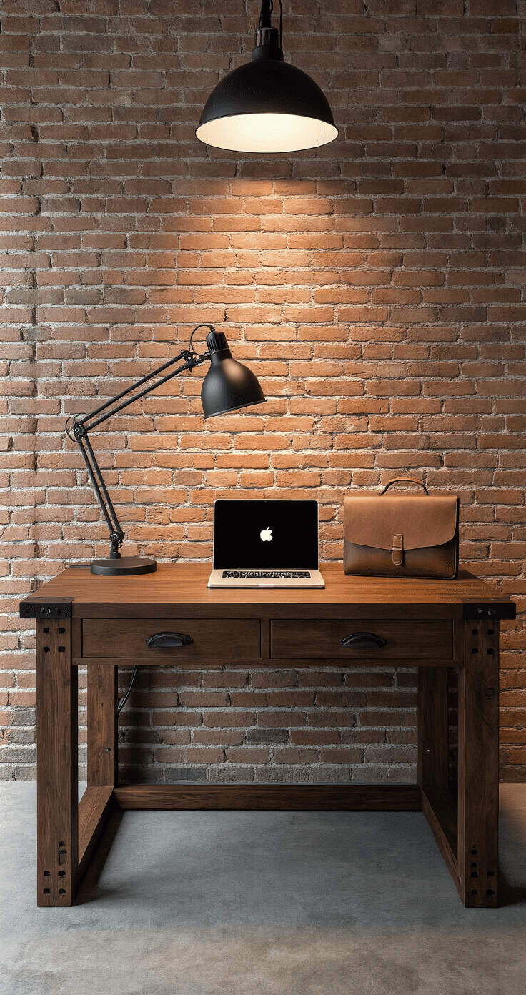 Industrial-chic home office showcasing a handcrafted dark walnut desk with exposed joinery, a matte black task lamp, and a MacBook Pro, against an exposed brick wall and textured concrete floor, illuminated by soft diffused lighting.