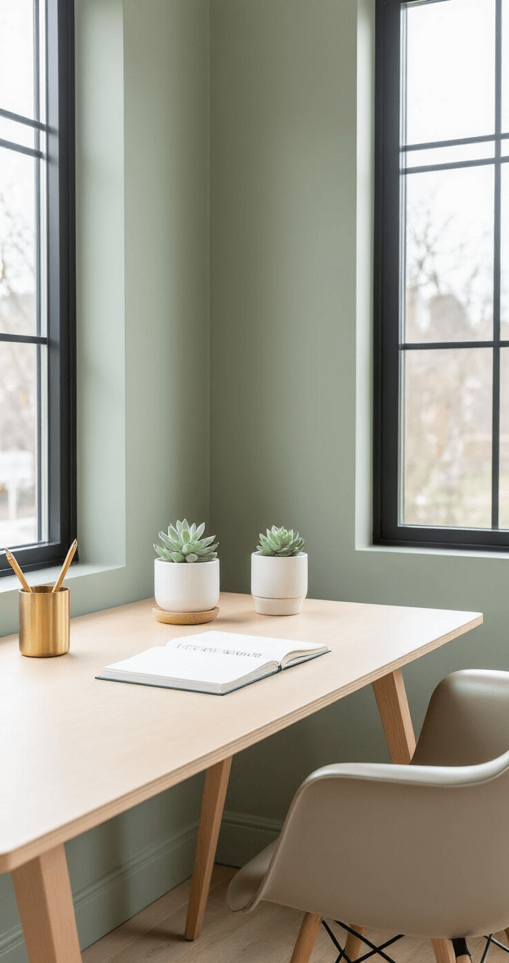 Scandinavian-inspired minimalist workspace featuring a custom birch plywood desk with trapezoid legs, soft sage green walls, large windows allowing diffused natural light, a mid-century modern pale leather chair, and curated desk accessories including a brass pencil holder, white ceramic planters with succulents, and an open neatly handwritten notebook, captured in a low-angle shot.