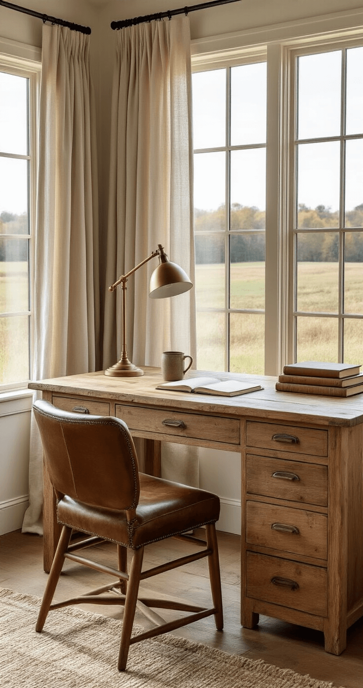 Modern farmhouse home office with a handmade pine wood desk featuring live edge details, large windows overlooking a rural landscape, soft natural linen curtains, and weathered oak hardwood floors. A vintage leather desk chair complements the aesthetic, along with an aged brass desk lamp, a handmade ceramic mug, and a stack of leather-bound notebooks, all bathed in warm golden afternoon light.