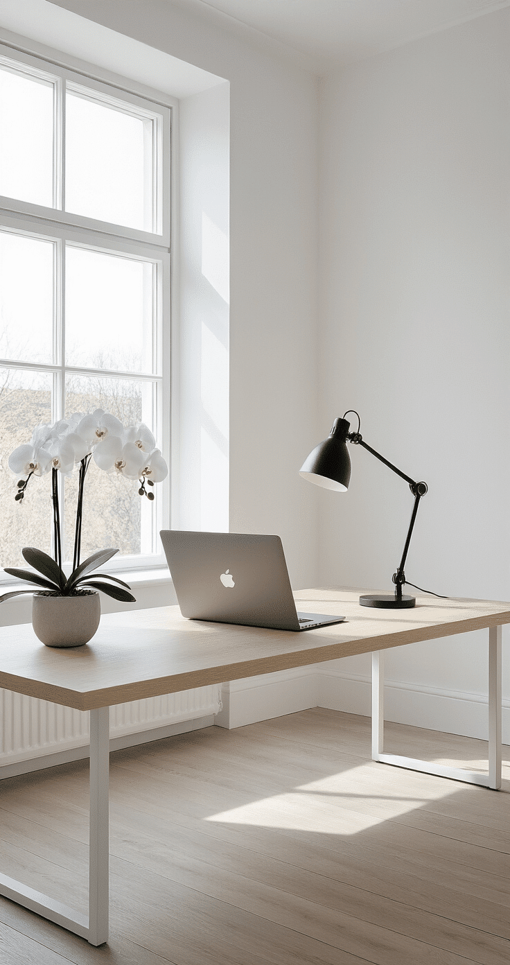 Ultra-minimalist Scandinavian home office featuring white walls, a pale oak floating desk, a large window with natural light, a matte black task lamp, a potted white orchid, a MacBook Pro, and hardwood floors with a subtle gray wash, all in a zen-like, clutter-free composition.