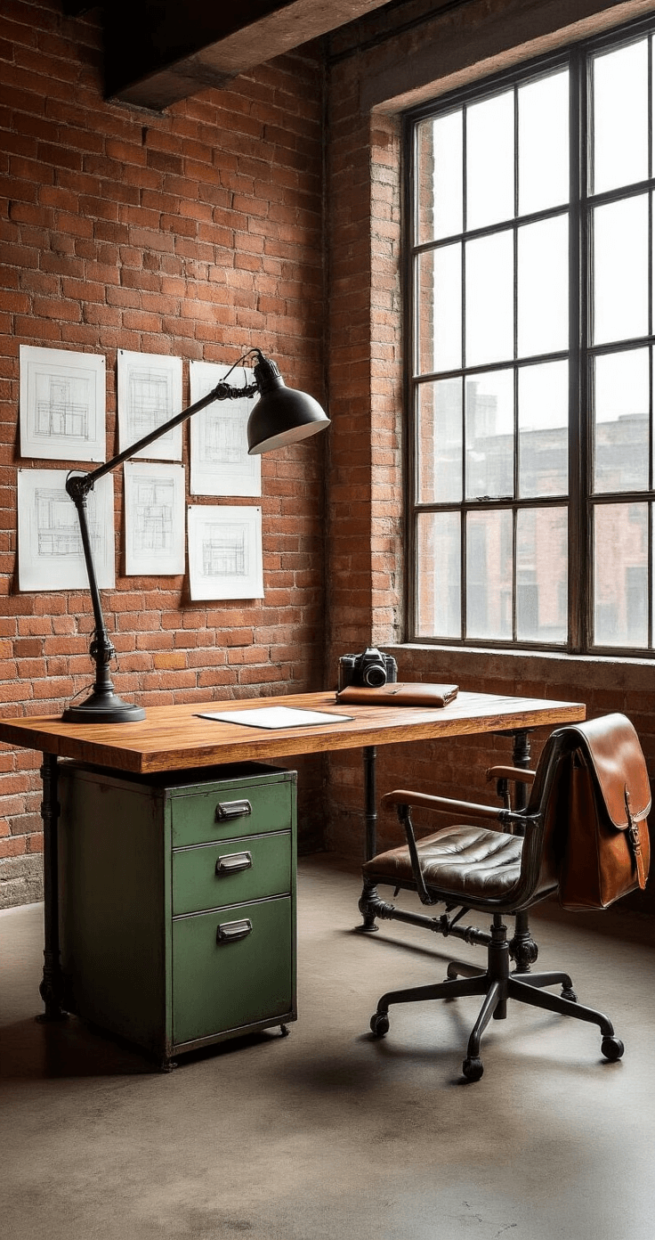 Industrial loft workspace with a reclaimed butcher block desk, raw iron pipe legs, exposed terracotta brick wall, and warm sunlight pouring in from large windows. A vintage green metal filing cabinet sits next to the desk, which is accompanied by an oversized drafting lamp. A leather messenger bag drapes over a chair, and architectural sketches are pinned asymmetrically on the wall. A Canon camera and leather notebook are strategically placed on the desk, with a raw concrete floor below.
