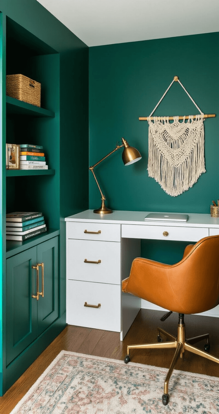 A transformed closet office featuring deep emerald green walls, a custom floating white desk, brass hardware on built-in shelving, a vintage brass desk lamp, a macramé wall hanging, design books, a mid-century modern caramel leather chair, and morning light streaming through an open door, emphasizing intentional negative space.