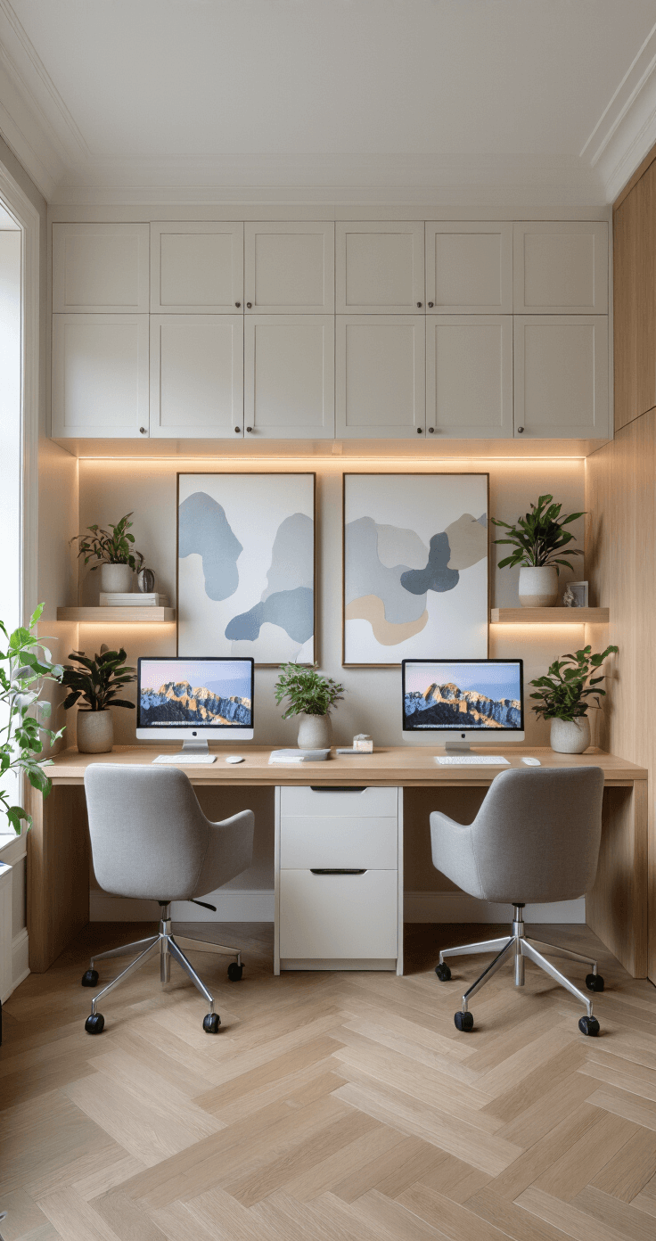 Dual workstation setup featuring white oak cabinetry, ergonomic gray chairs, abstract artwork, multiple monitors, indoor plants, soft lighting, and herringbone wood flooring, captured from an elevated angle.
