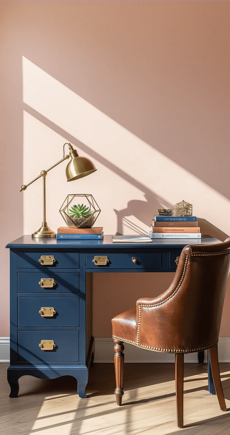 Vintage refinished navy blue desk with modern brass hardware against a blush pink wall, featuring an antique brass desk lamp, vintage leather chair with brass nailhead trim, design books in a curated color palette, and a brass geometric terrarium with a succulent. Morning light casts dramatic shadows on the hardwood floor with a subtle patina, styled with intentional imperfection.