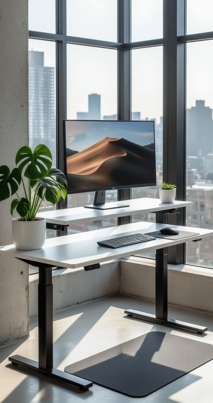 A minimalist standing desk with a sleek white surface and black steel frame is positioned in front of large windows, showcasing an urban landscape. The setup includes a single large monitor, wireless keyboard and mouse, and a small potted monstera in a white ceramic planter. Morning sunlight casts clean graphic shadows on the concrete floor, highlighting the desk's height adjustability and clean lines.