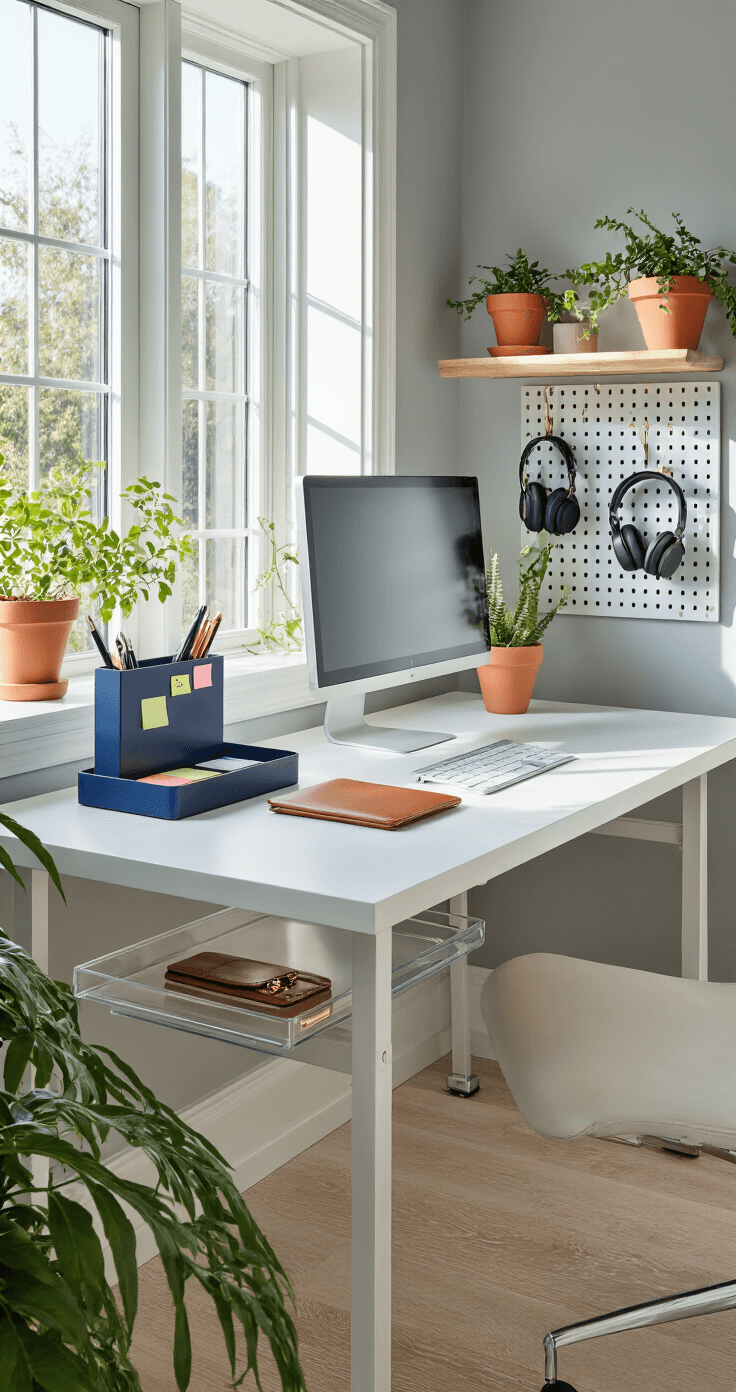 A modern home office featuring a sleek white desk by large windows with natural light, a navy blue desktop organizer, an elevated monitor on an acrylic stand, a leather planner, terracotta plant pots with greenery, and a pegboard with organized headphones and cables.