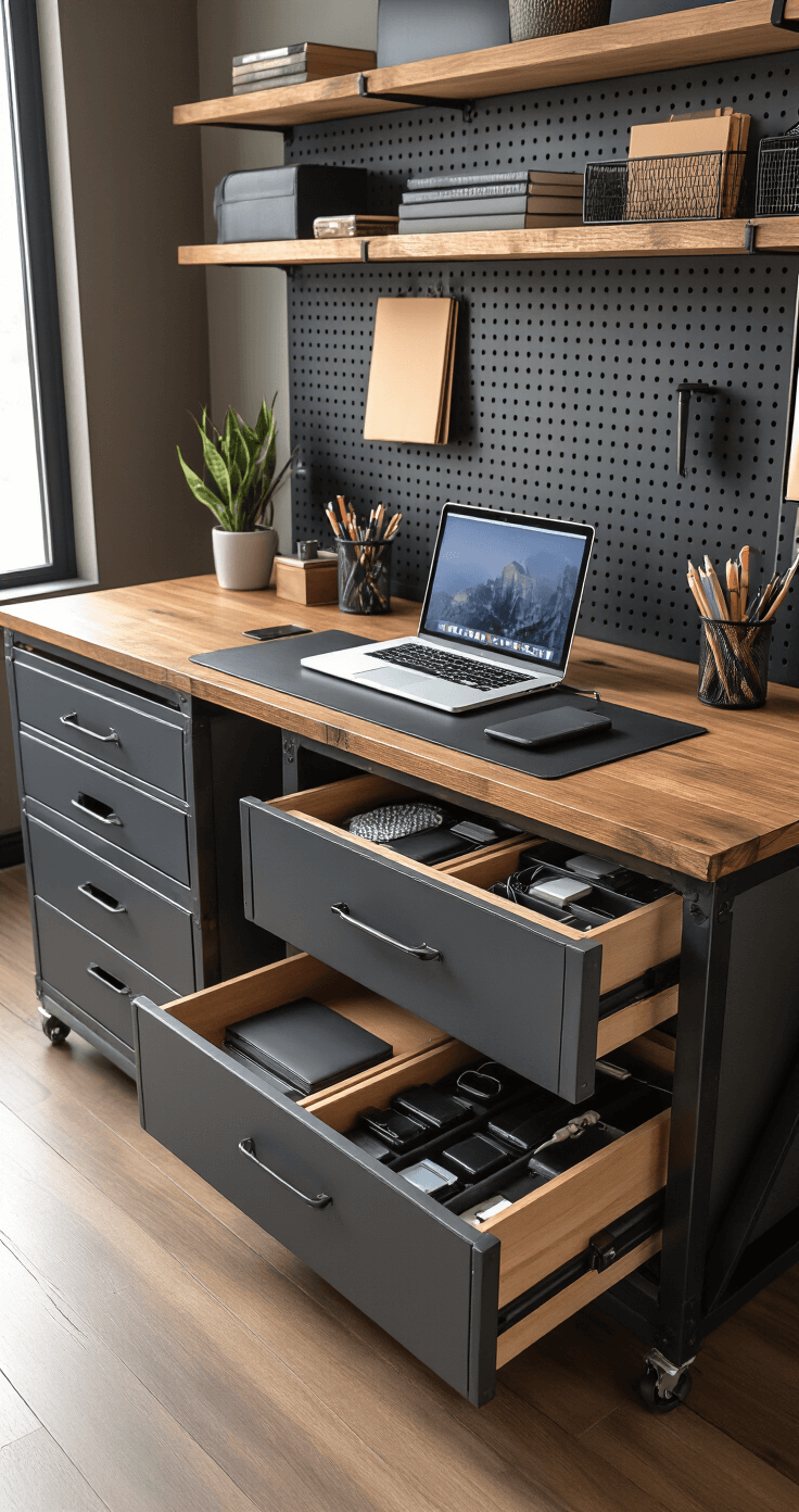 A stylish industrial workspace featuring a warm wooden floating desk, charcoal gray rolling drawers organized with tech accessories, soft ambient lighting, and a pegboard wall displaying notebooks and minimal items.
