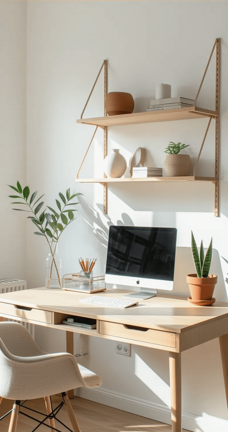 A minimalist Scandinavian-inspired home office featuring a light oak desk against a white wall, with vertical natural wood shelves displaying curated accessories and a plant. A clear acrylic organizer holds writing tools, illuminated by soft morning light. Dark gray tech cables are neatly managed, while a terracotta desk plant adds warmth. An adjustable monitor stand reveals organized essentials underneath.