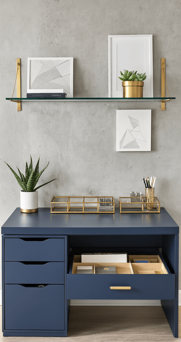 A modern home office workspace featuring a matte navy blue desk with cable management, a brass-accented desktop organizer, floating glass shelves with minimalist art, a matching rolling drawer unit, and soft overhead lighting, complemented by a single architectural succulent.