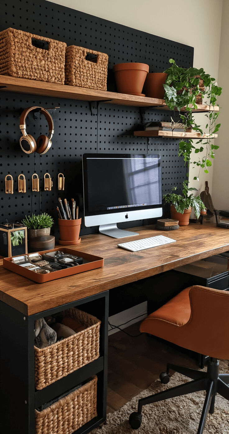 A cozy and eclectic home office featuring a warm wood desk with industrial metal accents, a matte black pegboard adorned with leather-wrapped headphones, brass hooks, and woven storage baskets, a rich cognac leather vertical organizer for writing tools, a brushed aluminum monitor stand with a curated tray of essentials, terracotta plant pots with trailing plants, and soft ambient lighting to enhance the material contrasts, all showcasing a balance of personality and functionality.