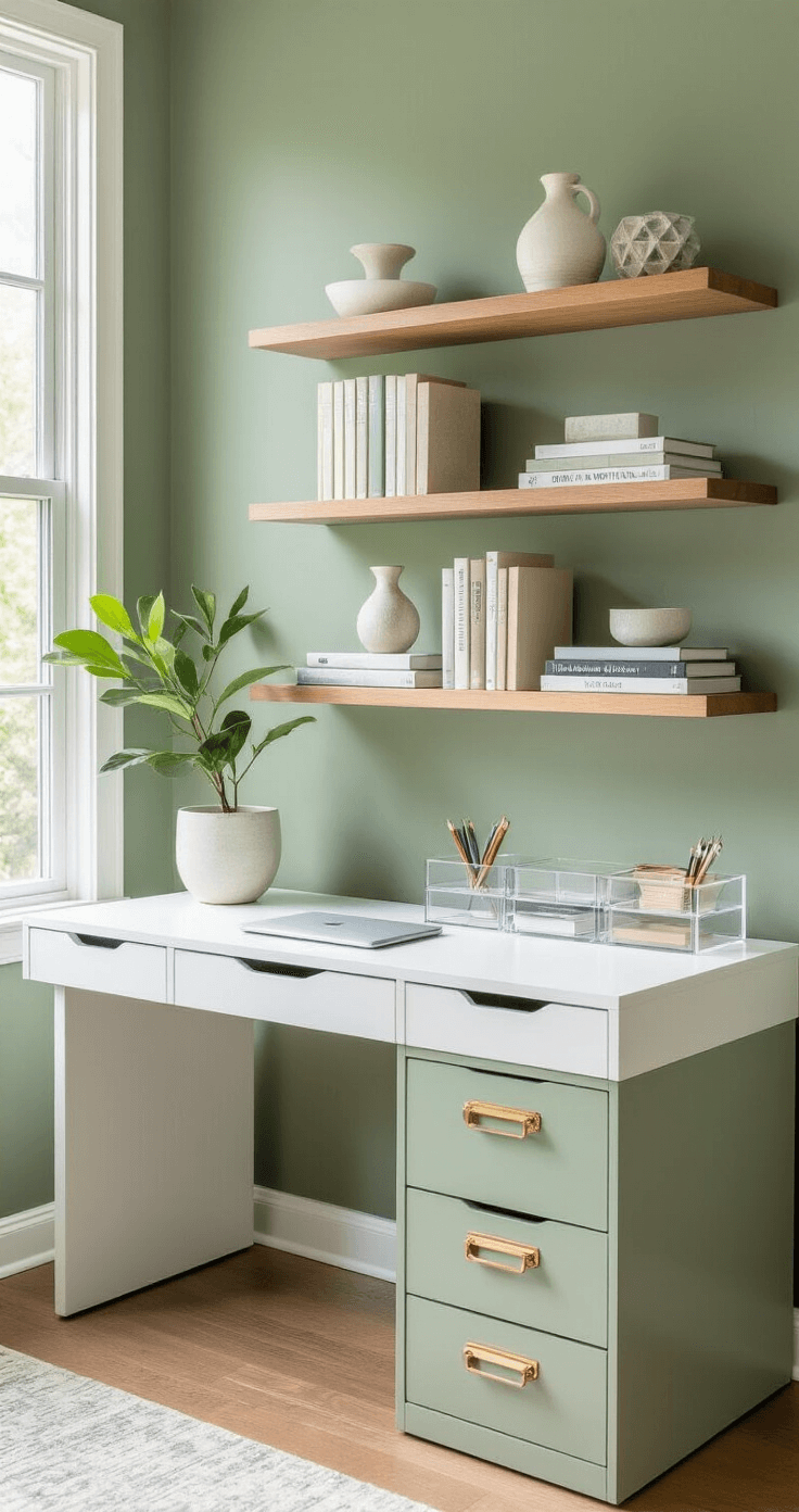A modern home office featuring a white desk against a sage green wall, an acrylic organizer, warm wood floating shelves, a sage green rolling drawer unit, brass cable clips, morning light, and a single plant in a white pot.