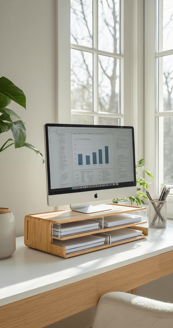A modern home office featuring a bamboo monitor stand, an acrylic paper tray organizer, and a minimalist pen holder on a pristine white desk, illuminated by soft natural light from large windows, organized with clean lines and a neutral color palette.