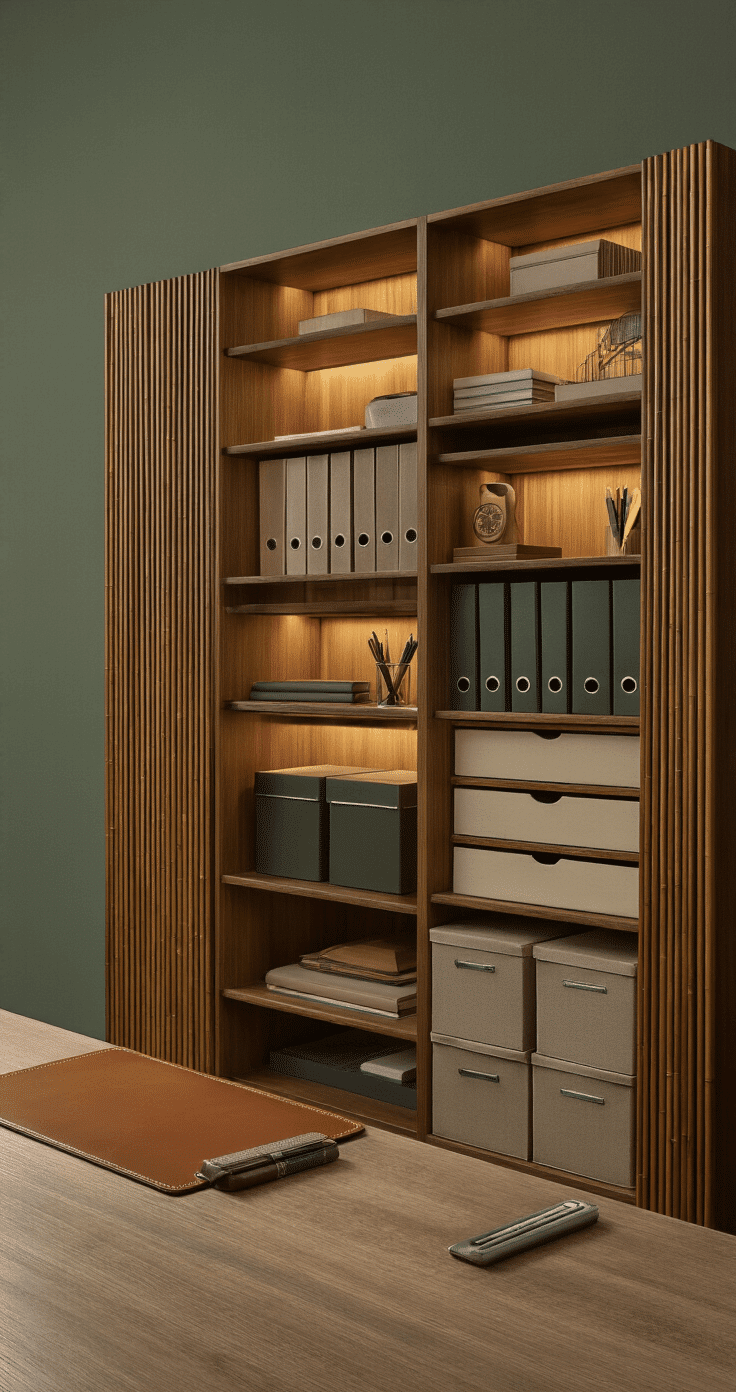 A stylish workspace with bamboo vertical file organizers, asymmetrical modular storage cubes, and a leather desk pad, illuminated by warm ambient lighting. The setup features muted earth tones, including forest green, walnut brown, and cream, with neatly arranged writing tools and tech accessories, highlighting its clean lines and professional aesthetic.