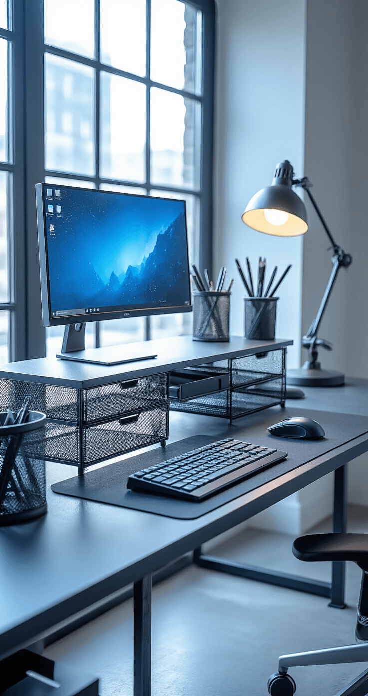 A modern industrial desk setup featuring mesh metal organizers, powder-coated steel cable management, and acrylic pen holders, illuminated by cool blue-gray lighting. The scene highlights metallic textures against matte black surfaces, with strategically placed tech accessories and minimalist organizational elements in high-contrast detail.