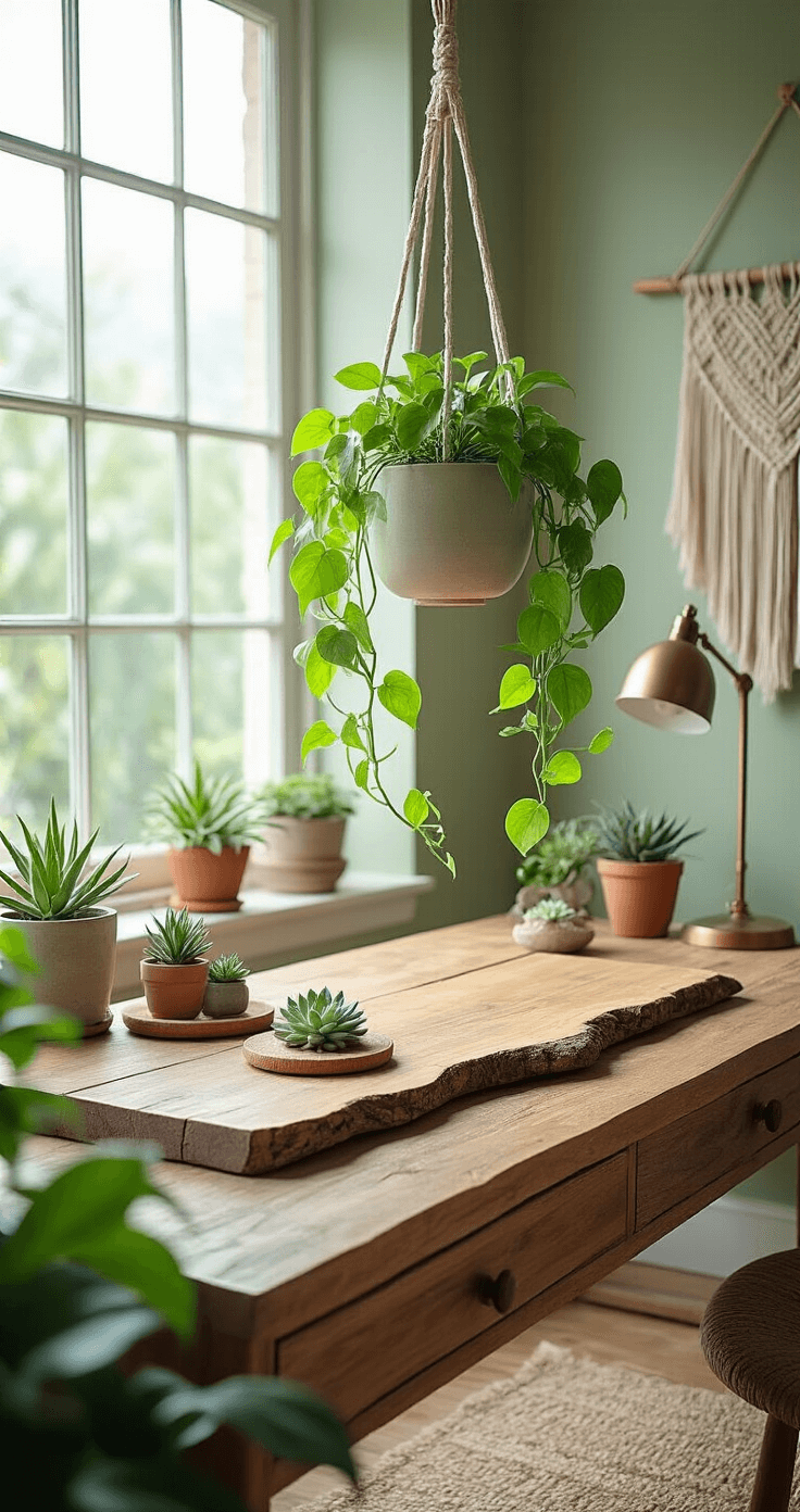 A serene workspace featuring a suspended pothos plant, reclaimed wood desk with live-edge details, small succulents on a stone coaster, handmade macrame wall hanging, woven jute rug, and a vintage brass lamp, all bathed in warm, indirect natural light.
